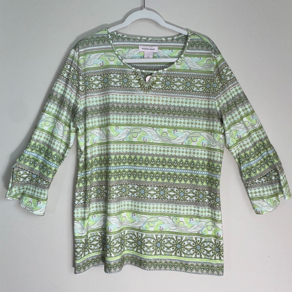 Allison Daley Tunic Top Paisley Print /Large/ Embellished Neck 3/4 Sleeve Green